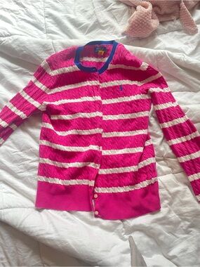 Polo Ralph Lauren Pink & White Striped Cable-Knit Cardigan